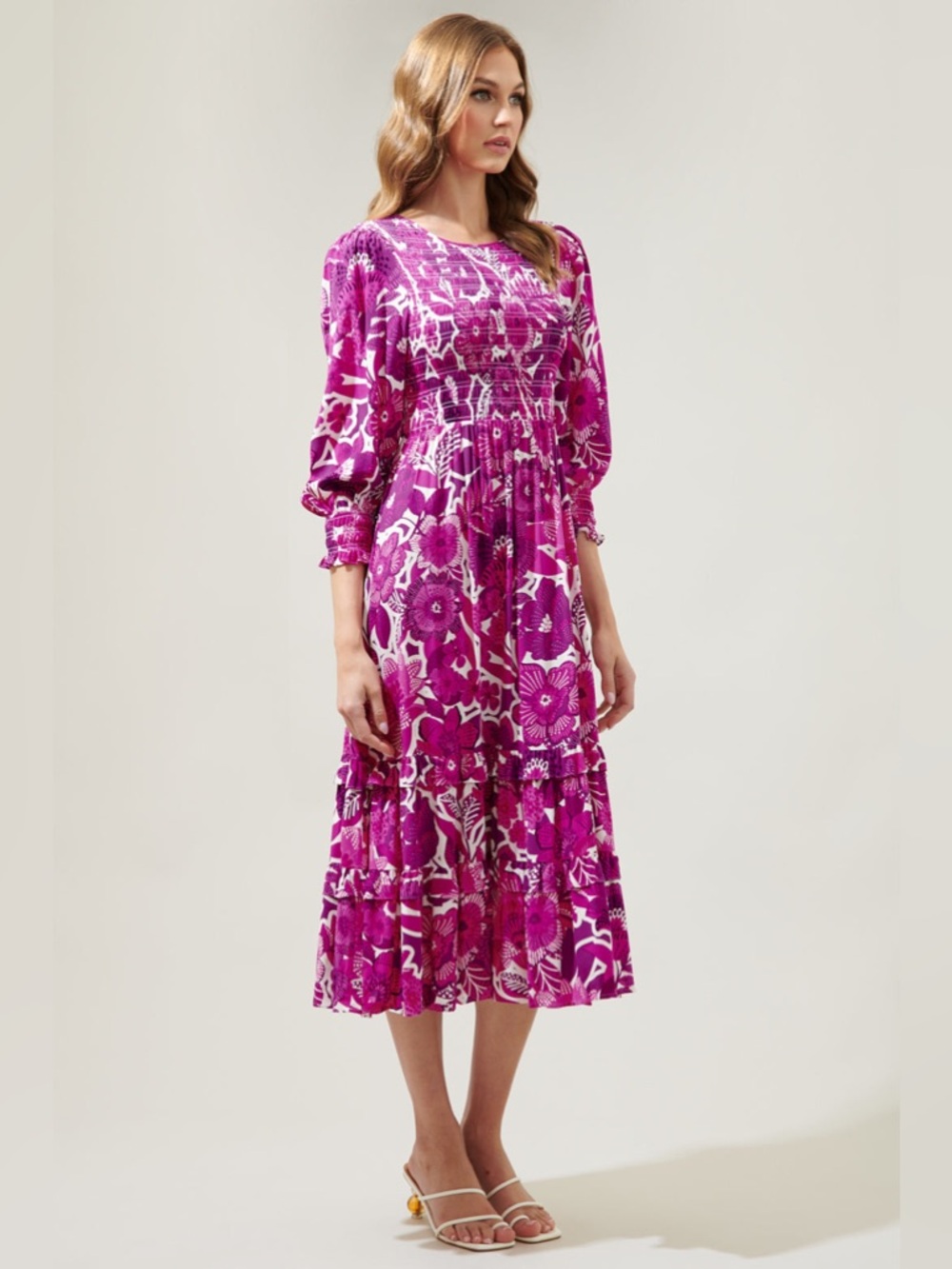 NWT Sugarlips Tropical Orchid Ludlow Smocked Midi Dress